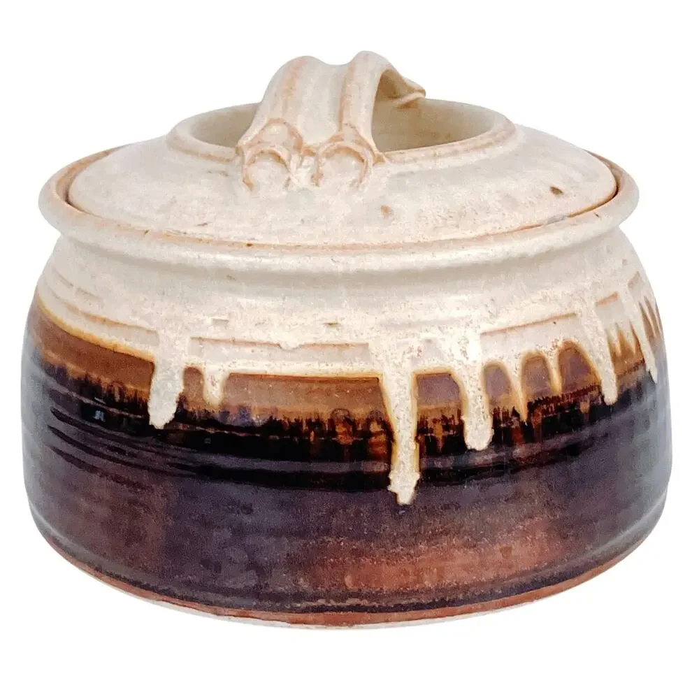 Vintage Signed Chambers Ovenware Lidded Stoneware Pot Brown Drip Glaze Pottery